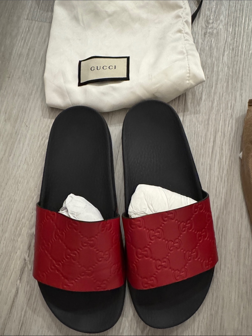 Gucci Red Leather Embossed Slide Sandals